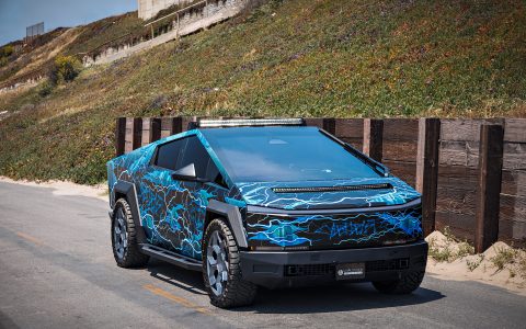 Lightning Graphic Wrapped Invincible Cybertruck on UP Forged 24" CYBRHEX Wheels in Satin Titanium