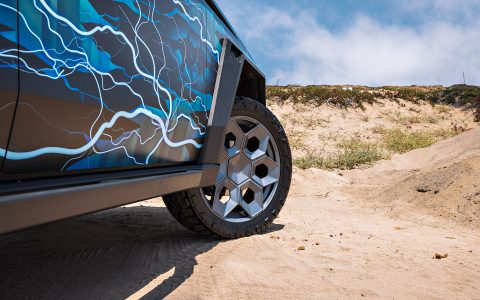 Lightning Graphic Wrapped Invincible Cybertruck on UP Forged 24" CYBRHEX Wheels in Satin Titanium