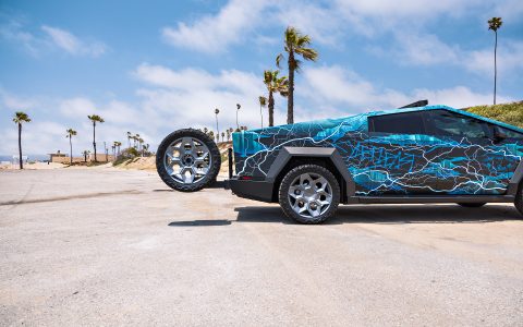 Lightning Graphic Wrapped Invincible Cybertruck on UP Forged 24" CYBRHEX Wheels in Satin Titanium