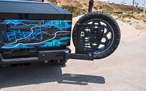 Lightning Graphic Wrapped Invincible Cybertruck on UP Forged 24" CYBRHEX Wheels in Satin Titanium