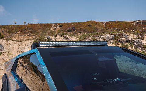 Lightning Graphic Wrapped Invincible Cybertruck on UP Forged 24" CYBRHEX Wheels in Satin Titanium