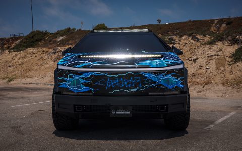 Lightning Graphic Wrapped Invincible Cybertruck on UP Forged 24" CYBRHEX Wheels in Satin Titanium