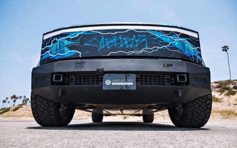 Lightning Graphic Wrapped Invincible Cybertruck on UP Forged 24" CYBRHEX Wheels in Satin Titanium