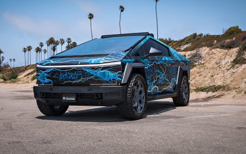 Lightning Graphic Wrapped Invincible Cybertruck on UP Forged 24" CYBRHEX Wheels in Satin Titanium