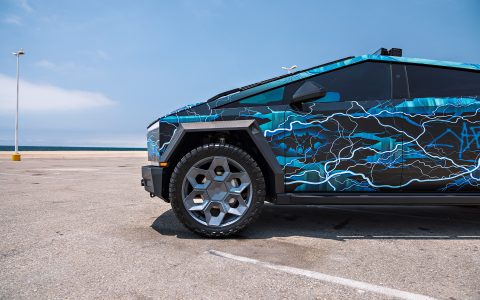 Lightning Graphic Wrapped Invincible Cybertruck on UP Forged 24" CYBRHEX Wheels in Satin Titanium