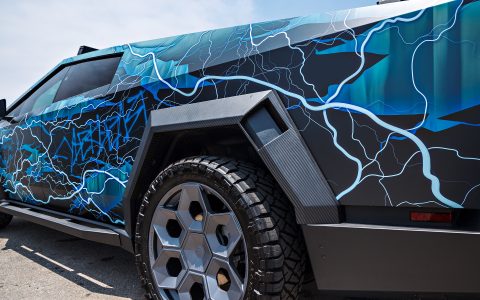 Lightning Graphic Wrapped Invincible Cybertruck on UP Forged 24" CYBRHEX Wheels in Satin Titanium
