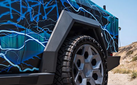 Lightning Graphic Wrapped Invincible Cybertruck on UP Forged 24" CYBRHEX Wheels in Satin Titanium