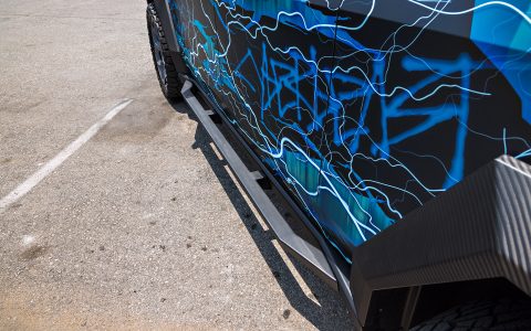 Lightning Graphic Wrapped Invincible Cybertruck on UP Forged 24" CYBRHEX Wheels in Satin Titanium