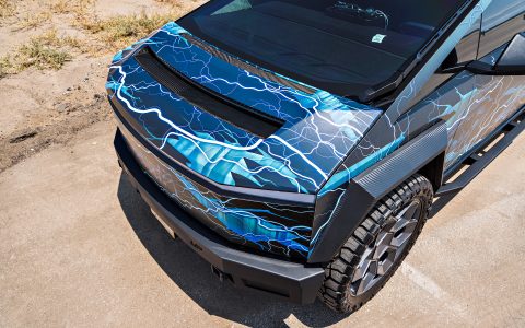 Lightning Graphic Wrapped Invincible Cybertruck on UP Forged 24" CYBRHEX Wheels in Satin Titanium