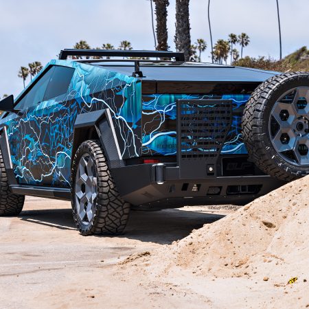 Lightning Graphic Wrapped Invincible Cybertruck on UP Forged 24″ CYBRHEX Wheels in Satin Titanium
