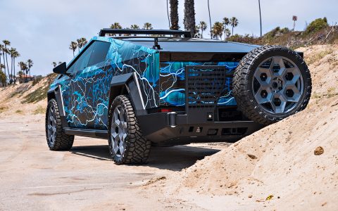 Lightning Graphic Wrapped Invincible Cybertruck on UP Forged 24" CYBRHEX Wheels in Satin Titanium