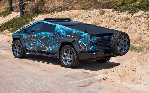 Lightning Graphic Wrapped Invincible Cybertruck on UP Forged 24" CYBRHEX Wheels in Satin Titanium