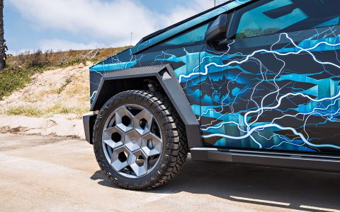 Lightning Graphic Wrapped Invincible Cybertruck on UP Forged 24" CYBRHEX Wheels in Satin Titanium