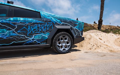 Lightning Graphic Wrapped Invincible Cybertruck on UP Forged 24" CYBRHEX Wheels in Satin Titanium