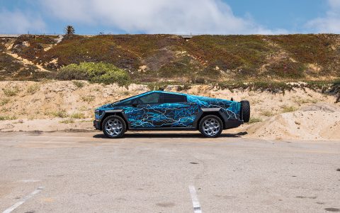 Lightning Graphic Wrapped Invincible Cybertruck on UP Forged 24" CYBRHEX Wheels in Satin Titanium