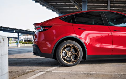 Red 2026 Tesla Model Y Juniper on UP Forged UP-05 in Satin Bronze