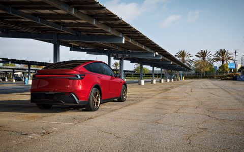 Red 2026 Tesla Model Y Juniper on UP Forged UP-05 in Satin Bronze
