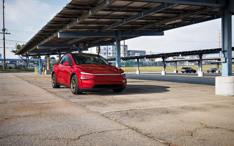 Red 2026 Tesla Model Y Juniper on UP Forged UP-05 in Satin Bronze