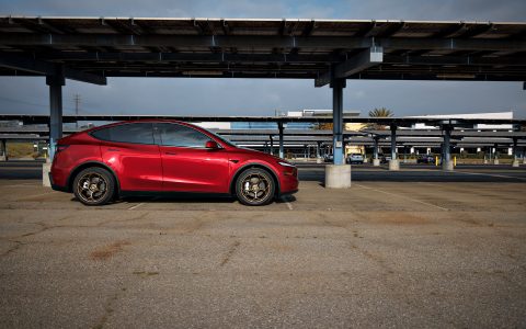 Red 2026 Tesla Model Y Juniper on UP Forged UP-05 in Satin Bronze