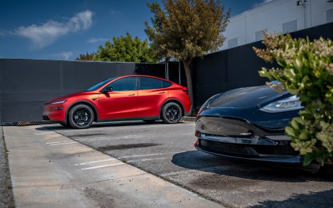 Satin PPF 2026 Red Tesla Model Y Juniper on UP Forged UP-05 Wheels in Satin Black