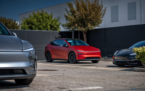 Satin PPF 2026 Red Tesla Model Y Juniper on UP Forged UP-05 Wheels in Satin Black