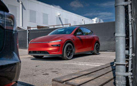 Satin PPF 2026 Red Tesla Model Y Juniper on UP Forged UP-05 Wheels in Satin Black