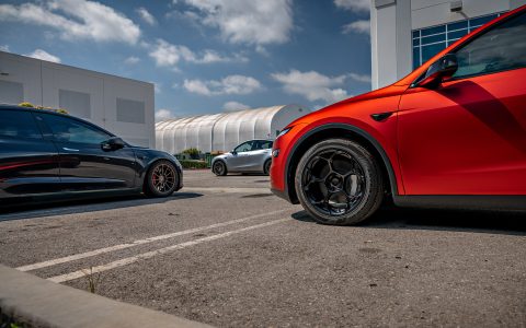 Satin PPF 2026 Red Tesla Model Y Juniper on UP Forged UP-05 Wheels in Satin Black
