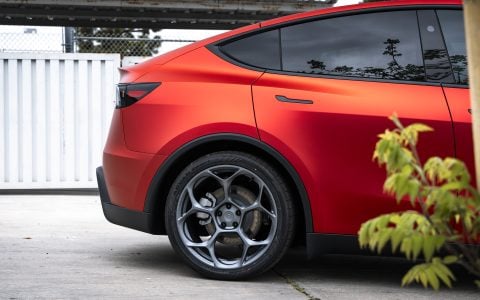 Satin PPF 2026 Red Tesla Model Y Juniper on UP Forged UP-05 Wheels in Titanium