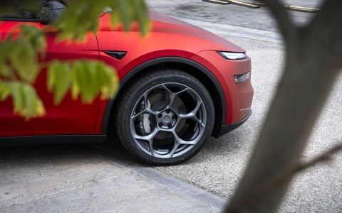 Satin PPF 2026 Red Tesla Model Y Juniper on UP Forged UP-05 Wheels in Titanium