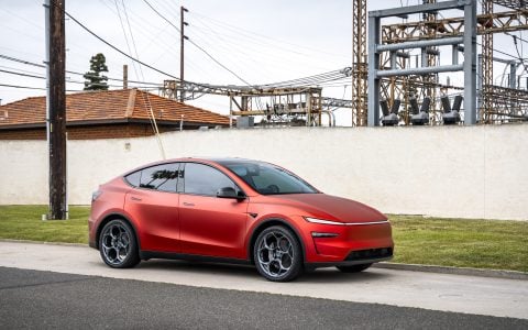 Satin PPF 2026 Red Tesla Model Y Juniper on UP Forged UP-05 Wheels in Titanium