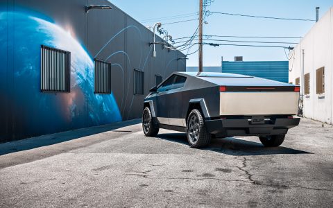Stainless Steel Cybertruck on 22-Inch UP Forged CYBRHEX Wheels in Satin Titanium