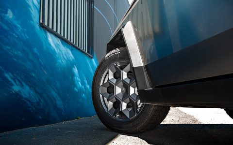 Stainless Steel Cybertruck on 22-Inch UP Forged CYBRHEX Wheels in Satin Titanium
