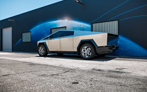 Stainless Steel Cybertruck on 22-Inch UP Forged CYBRHEX Wheels in Satin Titanium