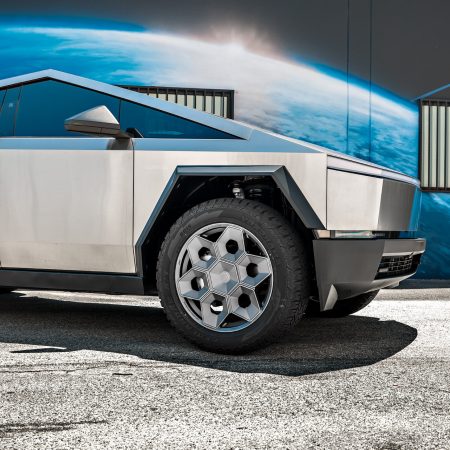 Stainless Steel Cybertruck on 22-Inch UP Forged CYBRHEX Wheels in Satin Titanium