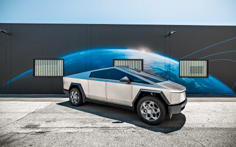 Stainless Steel Cybertruck on 22-Inch UP Forged CYBRHEX Wheels in Satin Titanium