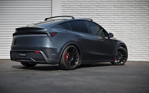 Stealth Gray Tesla Model Y Juniper on 21-Inch UP Forged UP-03 Wheels in Satin Black
