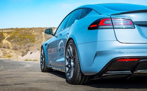 2026 Frost Blue Metallic Tesla Model S Plaid with Air Suspension Lowering Kit on UP Forged UP-03 Wheels in Satin Titanium