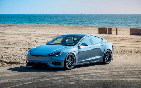 2026 Frost Blue Metallic Tesla Model S Plaid with Air Suspension Lowering Kit on UP Forged UP-03 Wheels in Satin Titanium