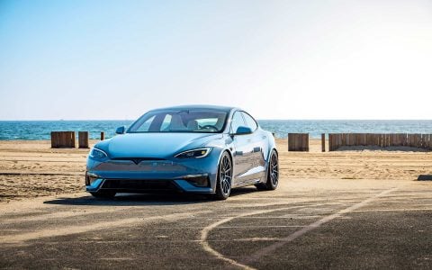 2026 Frost Blue Metallic Tesla Model S Plaid with Air Suspension Lowering Kit on UP Forged UP-03 Wheels in Satin Titanium