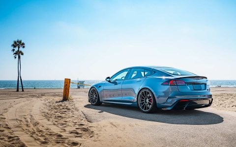 2026 Frost Blue Metallic Tesla Model S Plaid with Air Suspension Lowering Kit on UP Forged UP-03 Wheels in Satin Titanium