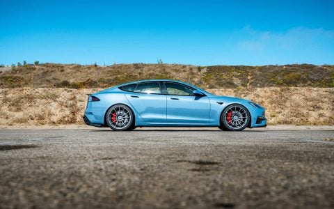 2026 Frost Blue Metallic Tesla Model S Plaid with Air Suspension Lowering Kit on UP Forged UP-03 Wheels in Satin Titanium