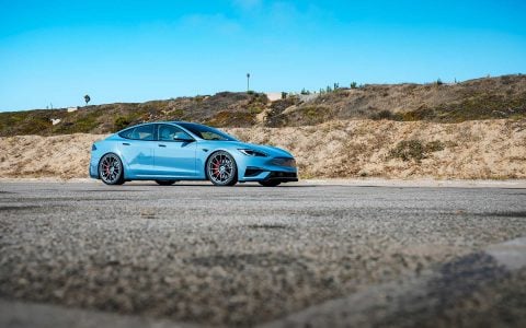 2026 Frost Blue Metallic Tesla Model S Plaid with Air Suspension Lowering Kit on UP Forged UP-03 Wheels in Satin Titanium