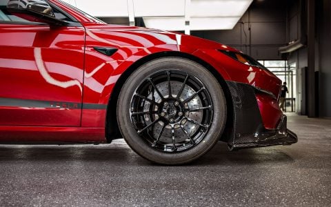 Red Rocket 2024 Tesla Model 3 Performance with Carbon Fiber Aero Kit on UP Forged UP-03 Wheels in Gloss Black