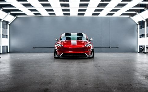 Red Rocket 2024 Tesla Model 3 Performance with Carbon Fiber Aero Kit on UP Forged UP-03 Wheels in Gloss Black