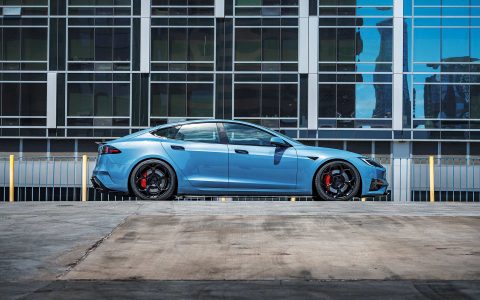 Frost Blue Metallic Tesla Model S Plaid with UP Forged UP-05 Satin Black Wheels