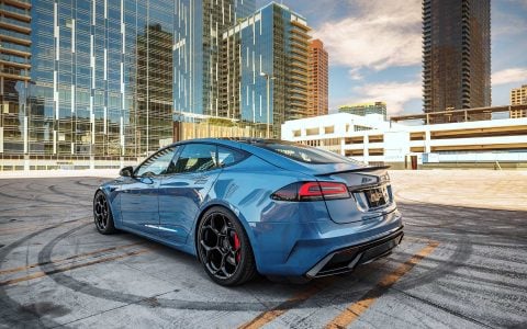 Frost Blue Metallic Tesla Model S Plaid with UP Forged UP-05 Satin Black Wheels