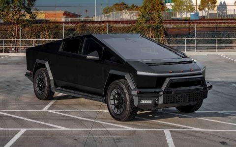 Satin Black Tesla Cybertruck on 20-Inch UP Forged UP-RW Wheels in Satin Black, Satin Gunmetal Ring