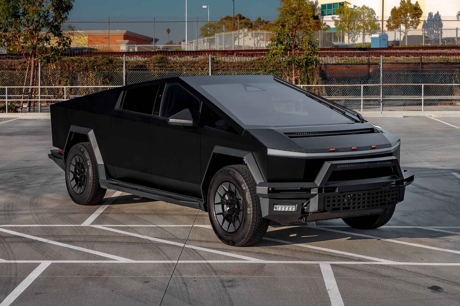 Satin Black Tesla Cybertruck on 20-Inch UP Forged UP-RW Wheels in Satin Black, Satin Gunmetal Ring