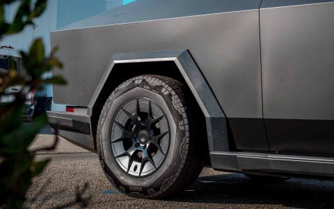 Satin Black Tesla Cybertruck on 20-Inch UP Forged UP-RW Wheels in Satin Black, Satin Gunmetal Ring