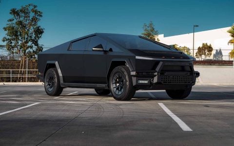 Satin Black Tesla Cybertruck on 20-Inch UP Forged UP-RW Wheels in Satin Black, Satin Gunmetal Ring